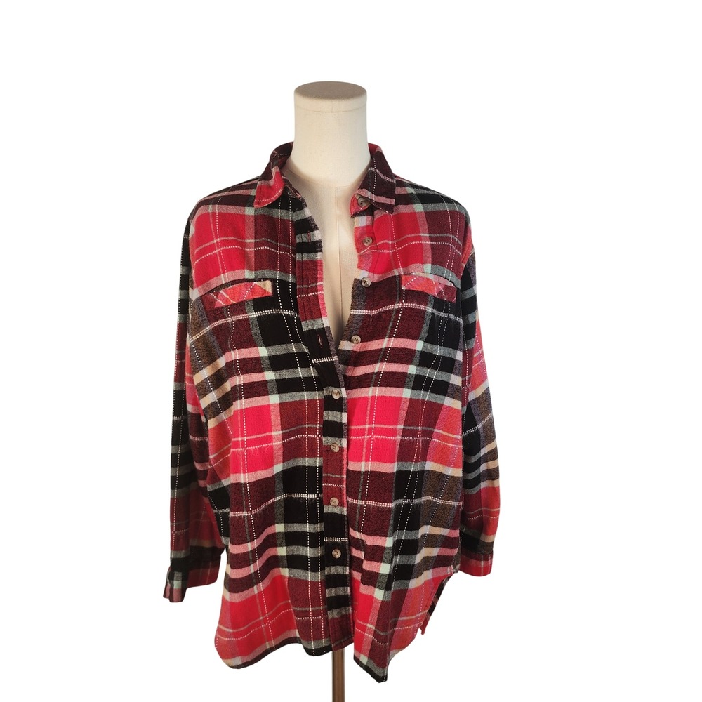 BDG Plaid Flannel Shirt Red Black Oversized Long Sleeve Button Up Top XS TP